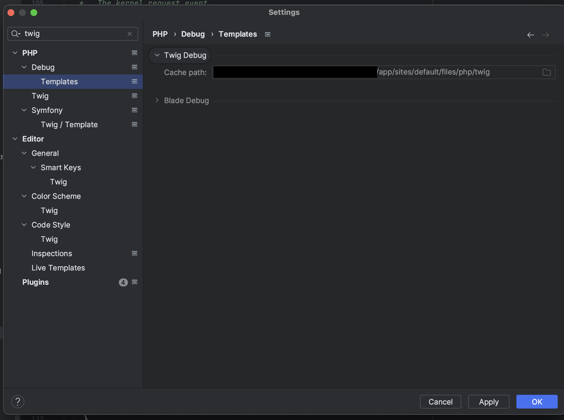 Screenshot of PHPStorm config.