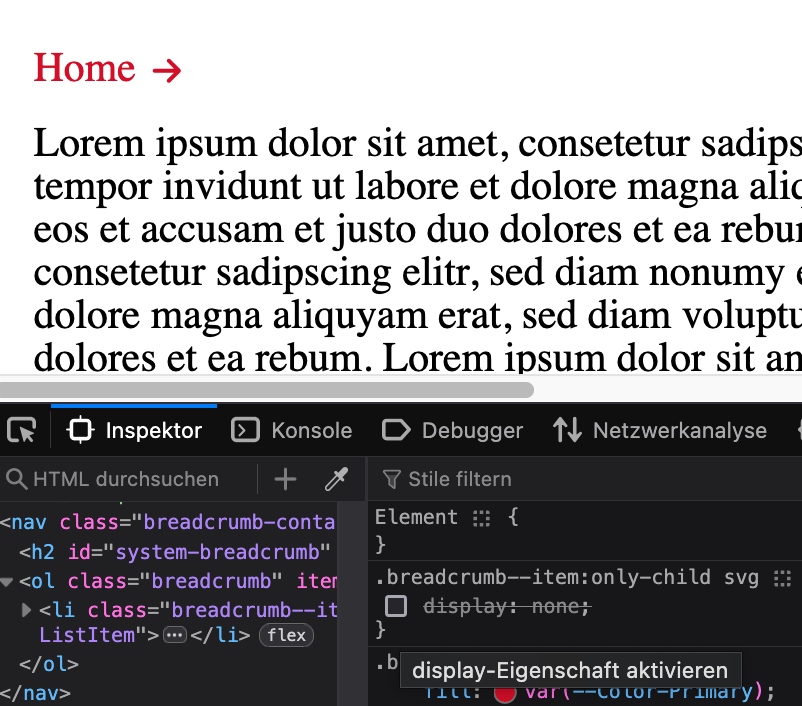 Breadcrumb <ol> with only one child <li> and icon <svg>