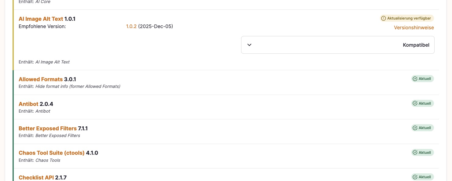 Eine Liste installierter Module mit ihrem Wartungsstatus.