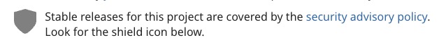 Drupal Security Banner mit Text "Stable releases for this project are covered by the security advisory policy. Look for the shield icon below."