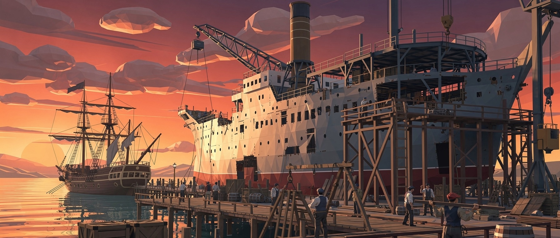 Altes Segel- und im Bau befindliches neues Dampfschiff als Symbol für Drupal Web-Relaunch