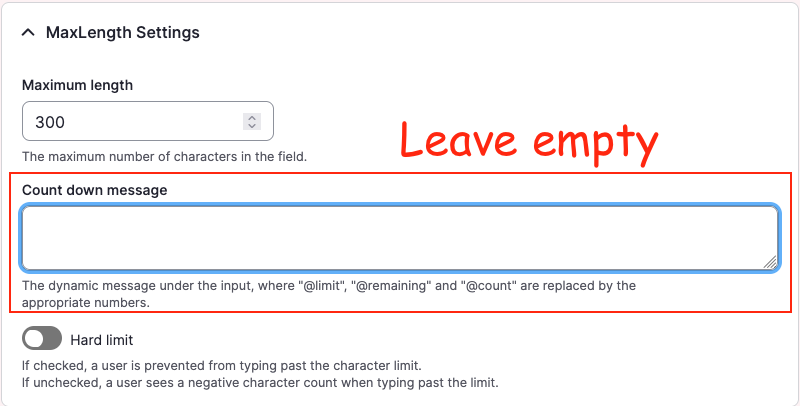 A Drupal backend screenshot showing the "Count down message" field