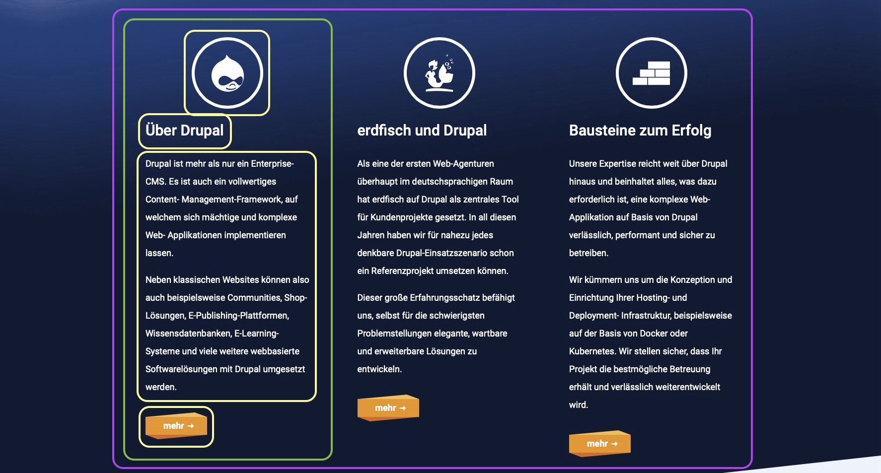 Ein dreispaltiges Teaser-Layout mit Markierungen für Atomic Design Bestandteile