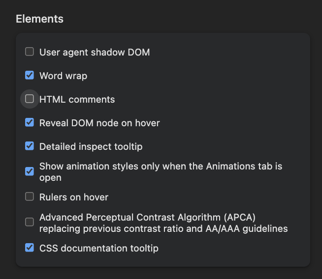 Image showing various settings options in a developer tools interface.