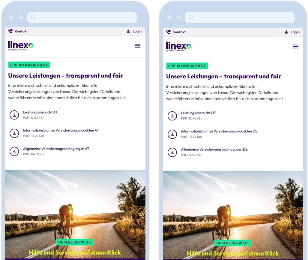Zwei Screenshots der linexo Webseiten DE und AT nebeneinander.