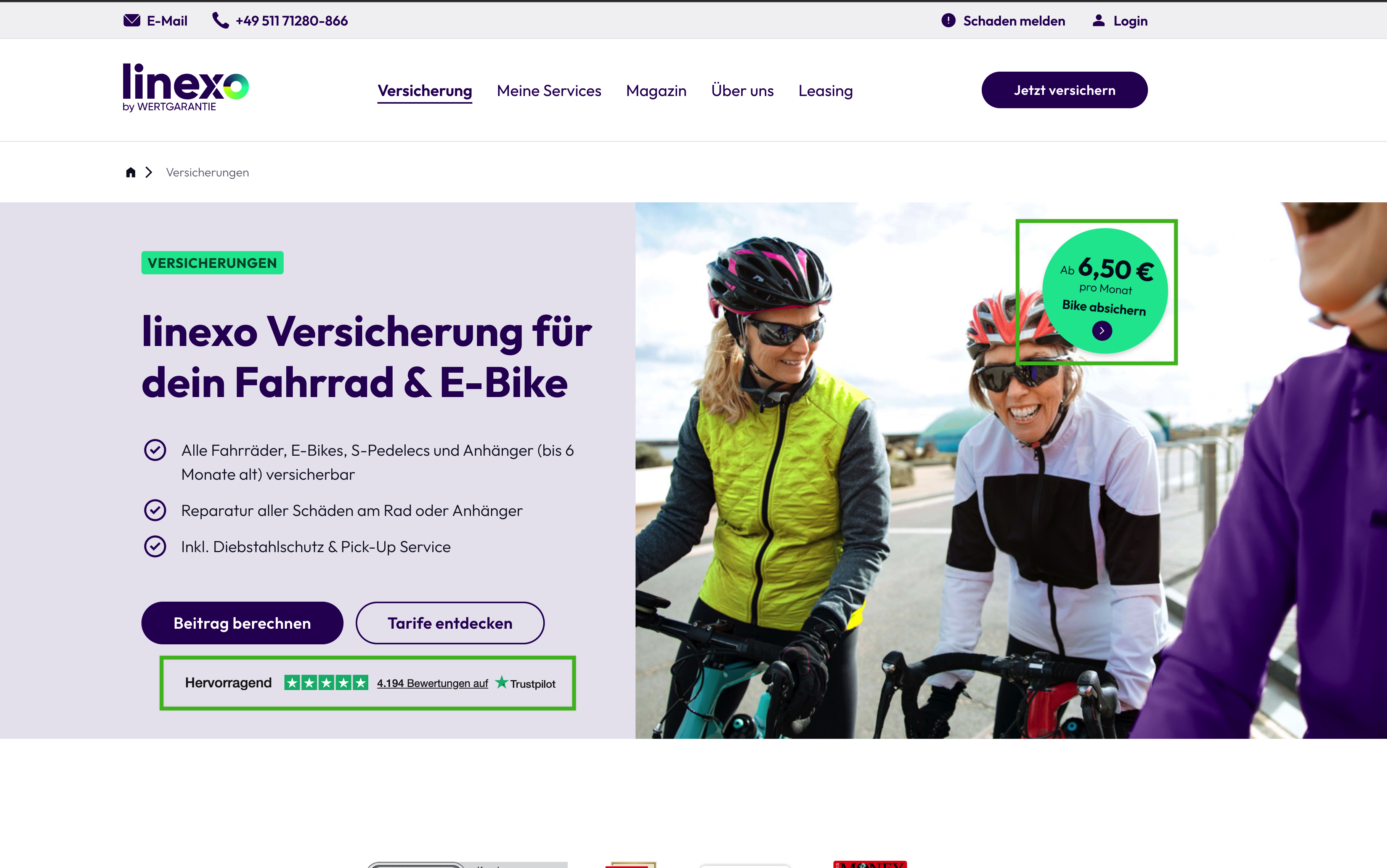 Screenshot der linexo Webseite mit grün markierten Slot-Blöcken