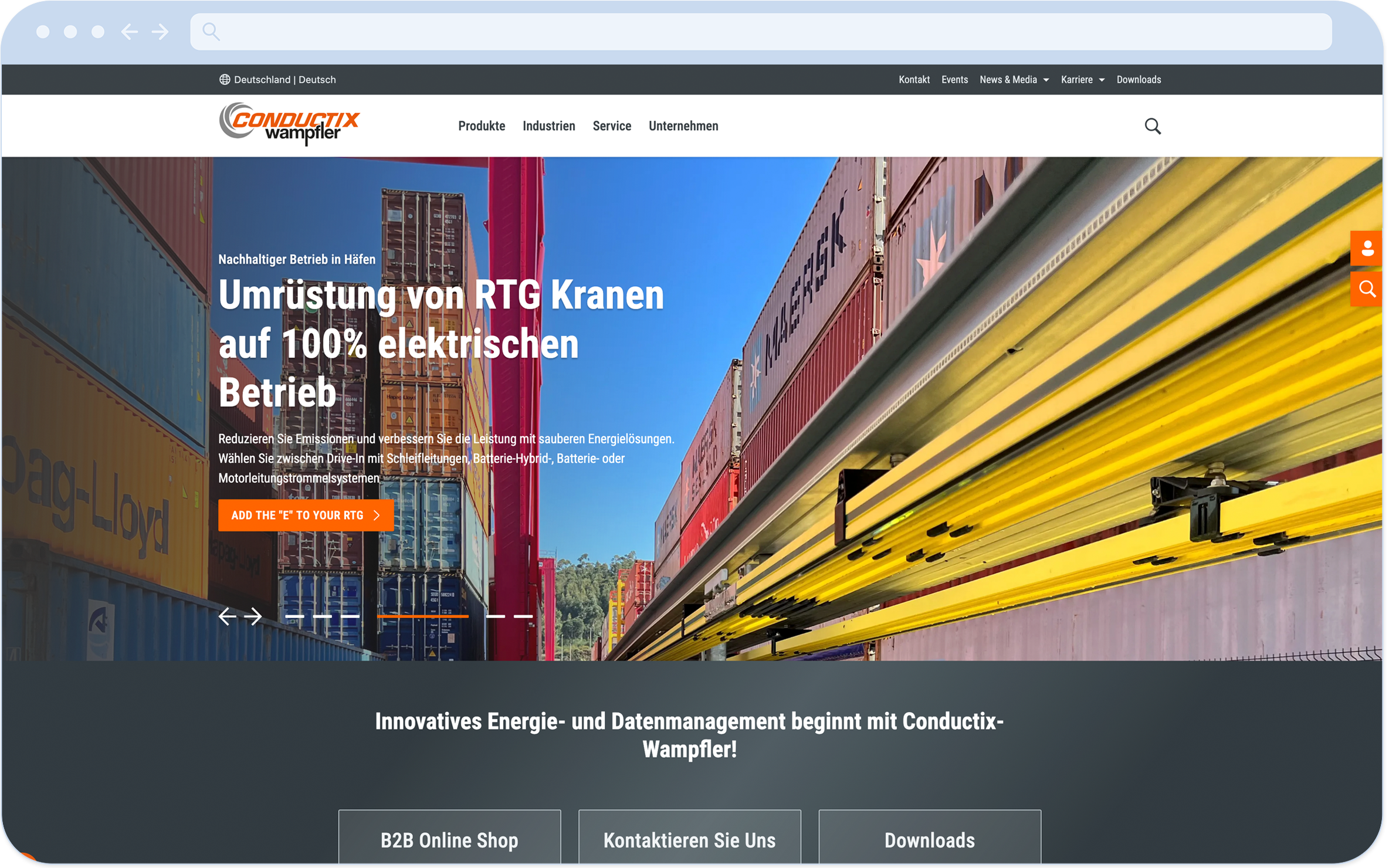 Deutsche Startseite von Conductix-Wampfler im Desktop-Layout mit Hero-Bereich und Hauptnavigation; eine von 26 Länderseiten aus einer gemeinsamen Drupal-Codebase.