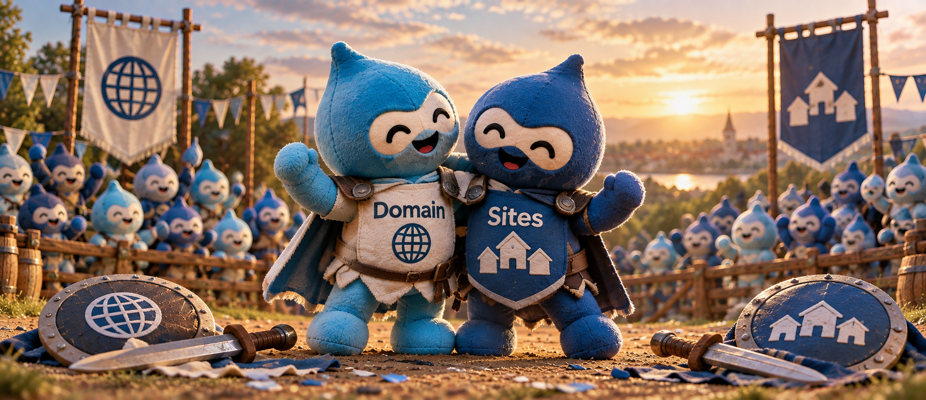 KI generiertes Bild von 2 Plüschpuppen im Druplicon-Stil, die Domain und Sites repräsentieren und sich nach ihrem Duell umarmen
