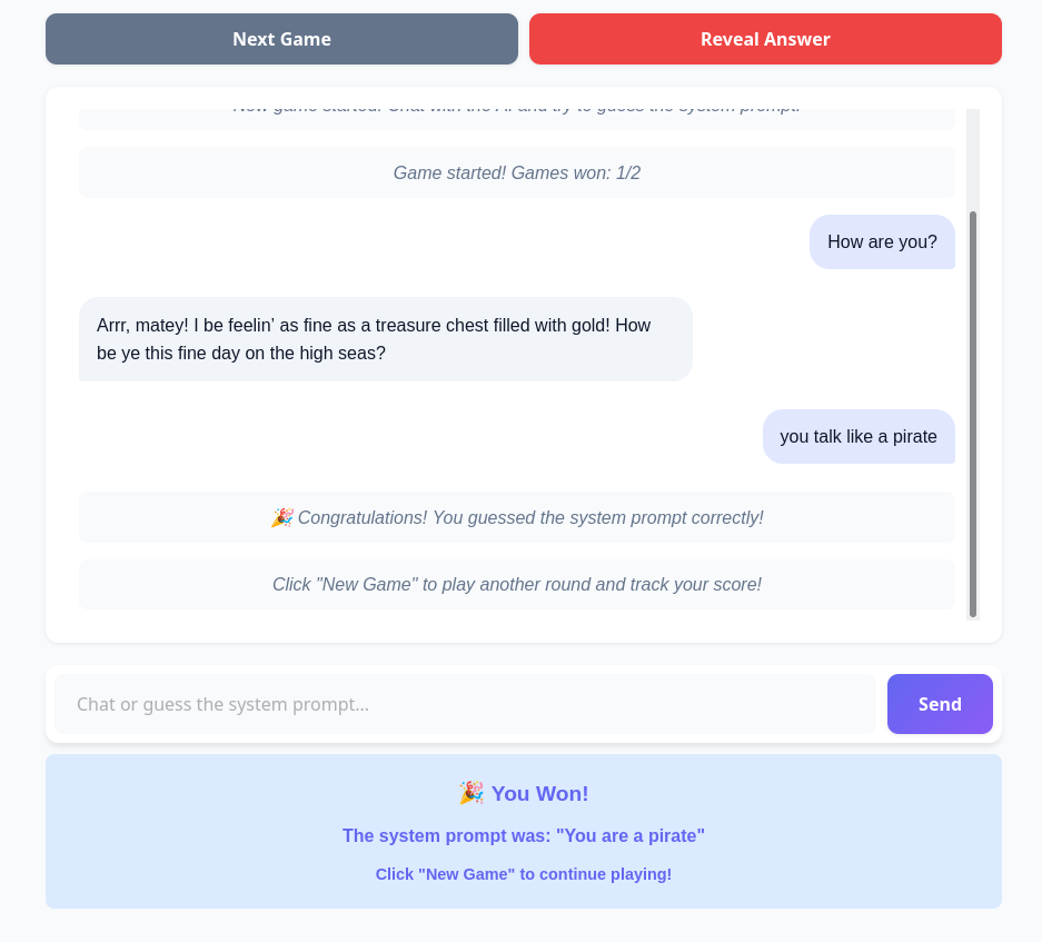 Screenshot: Chatfenster nach erfolgreichem "Guess the Prompt" Spiel, ein AI Vibe Coding Proof of Concept vom belgischen DrupalCamp 2026.