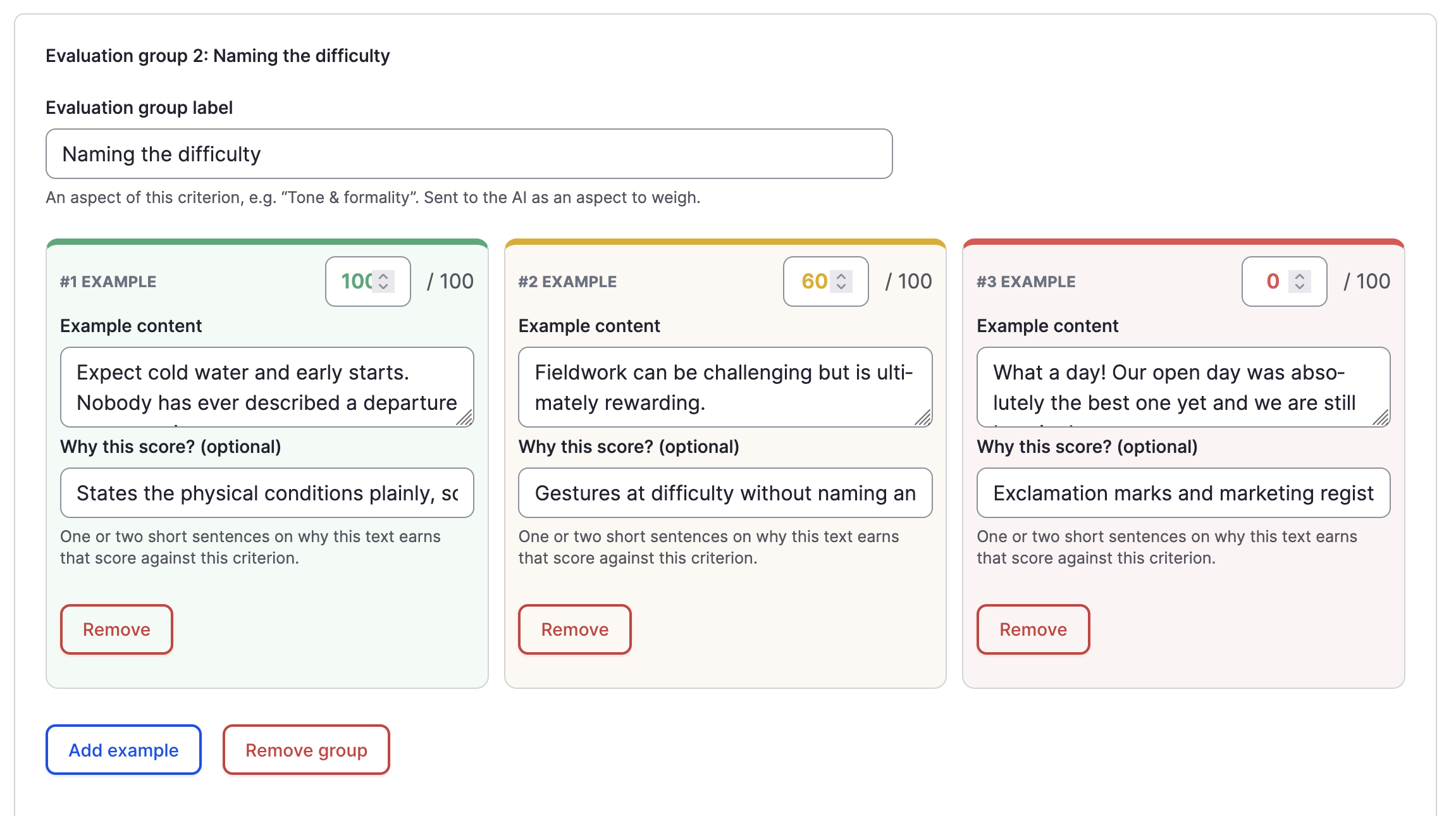 Drupal AI: Backend-Screenshot mit Scoring fürs Training der LLMs, die bei der Contentbearbeitung unterstützen.