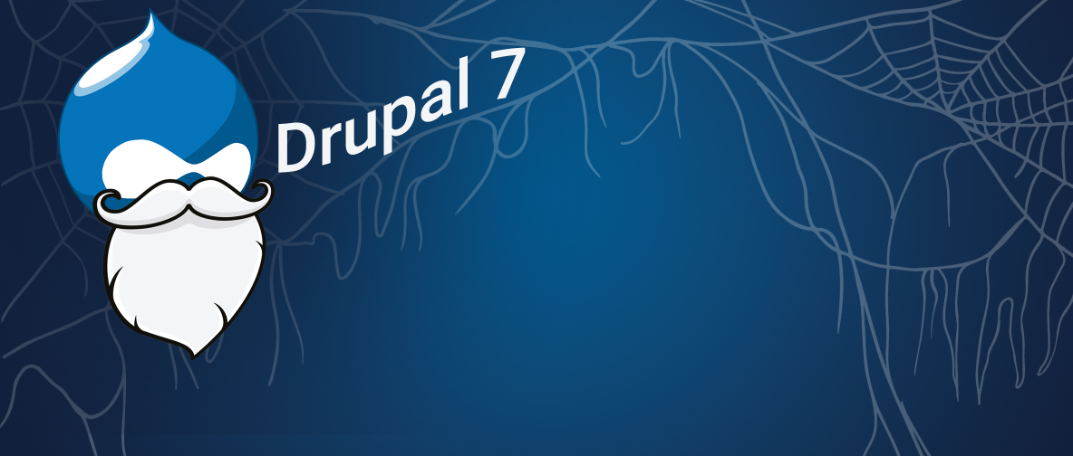 Bärtiges Druplicon mit D7 Schriftzug vor einem Spinnwebenhintergrund