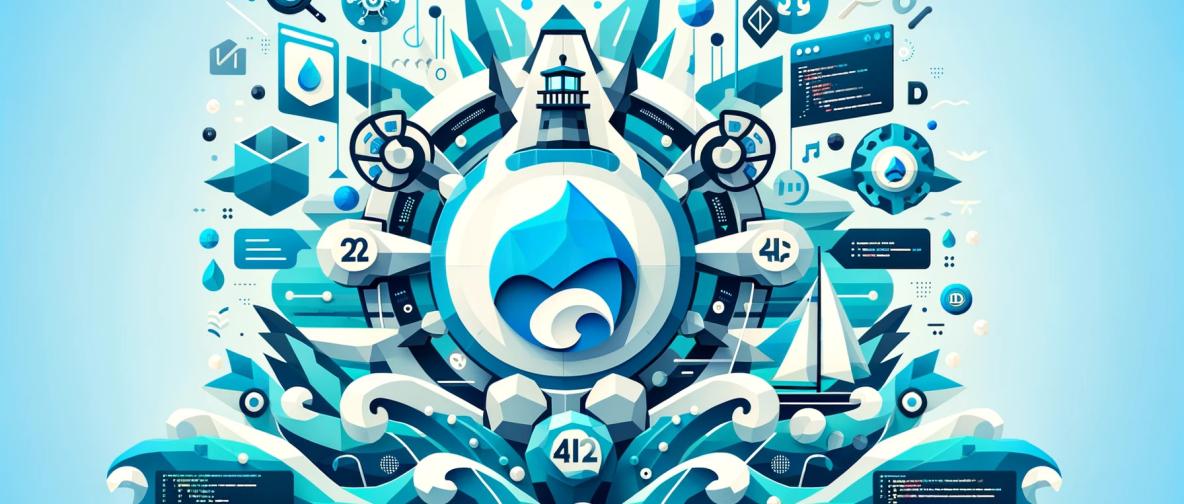 Abstraktes Bild in kühlem blau und im low-poly-Stil gehaltene Grafik mit Druplicon und Elemente aus der Webentwicklung