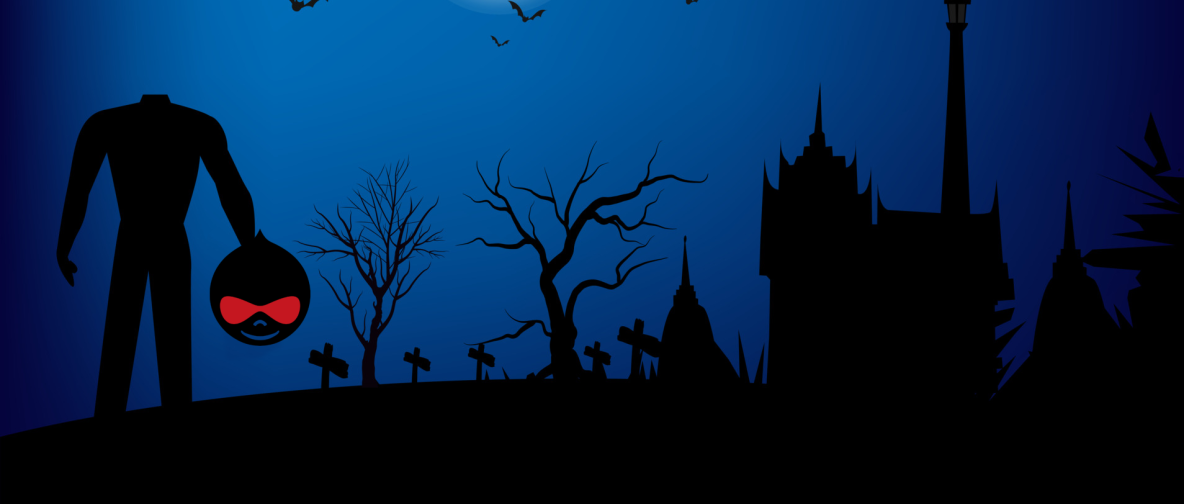 Kopfloser Körper mit Druplicon in der Hand in einer schaurigen Friedhofskulisse bei Nacht