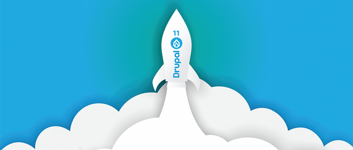Rakete mit Drupal 11 Logo startet in den Himmel