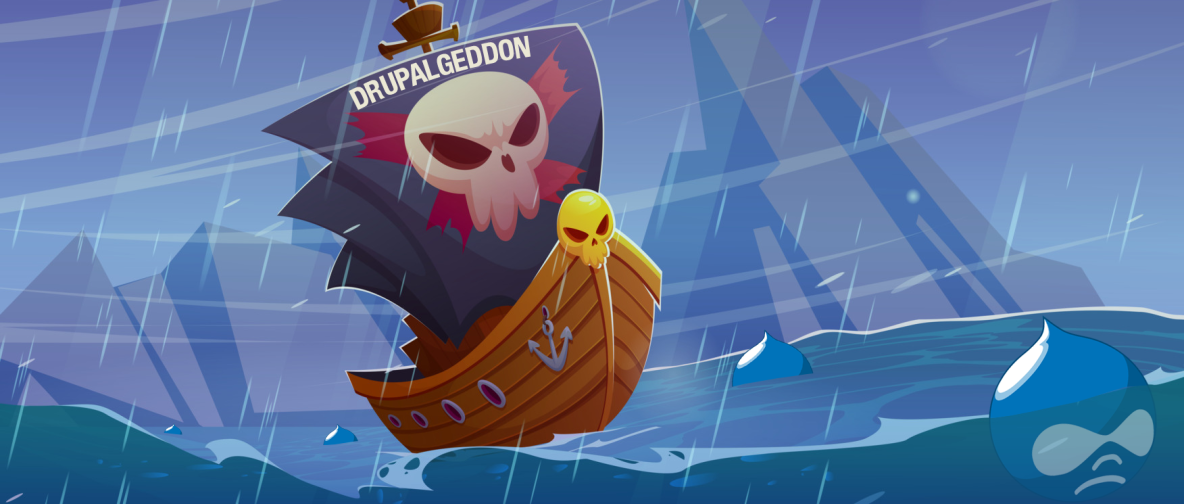 Illustration eines Schiffs mit einem Totenkopf-Segel, das symbolisch für die Drupalgeddon-Sicherheitslücke steht, umgeben von gefährlichen Wellen und dem Drupal-Logo.