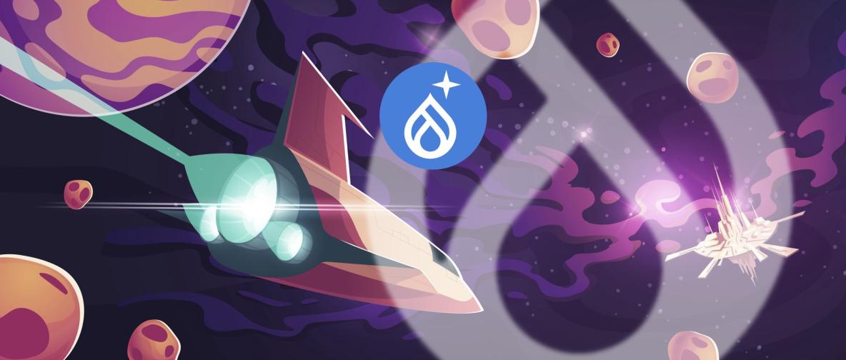 Illustration im Low Poly Stil: Ein futuristisches Raumschiff im Weltraum, begleitet vom Drupal-Logo, mit einer Weltraumstation im Hintergrund. Symbolisiert die Einführung von Drupal CMS und den Aufbruch in eine neue Ära des Content-Managements.