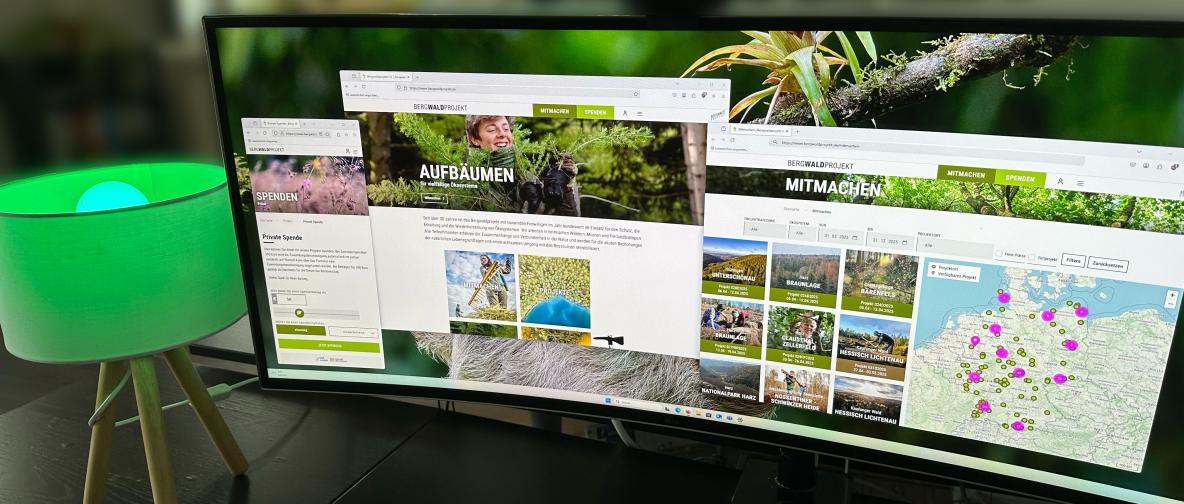 Startseite der neuen Bergwaldprojekt-Website mit zielgruppenspezifischer Nutzerführung, großflächigen Naturfotos und naturverbundenem Design.