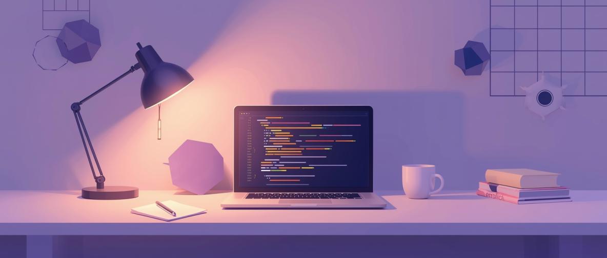 llustration eines aufgeräumten Schreibtischs mit Laptop, Lampe, Notizbuch und Kaffeetasse – auf dem Bildschirm ist farbiger Code zu sehen. Die Szene symbolisiert konzentrierte Entwicklerarbeit im Open-Source-Kontext.