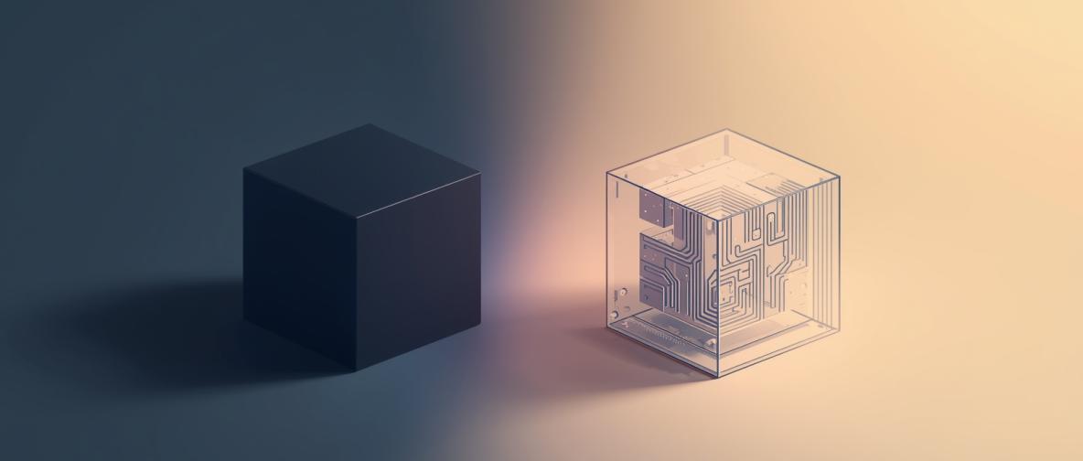 Zwei nebeneinanderstehende Würfel symbolisieren digitale Systeme: links eine dunkle, geschlossene Box als Sinnbild für Intransparenz; rechts eine transparente Box mit sichtbaren Schaltstrukturen, die Offenheit und Kontrolle verkörpert. Ein weiches Licht fließt von der dunklen in die helle Seite und steht für den Übergang zu nachvollziehbarer Technologie.