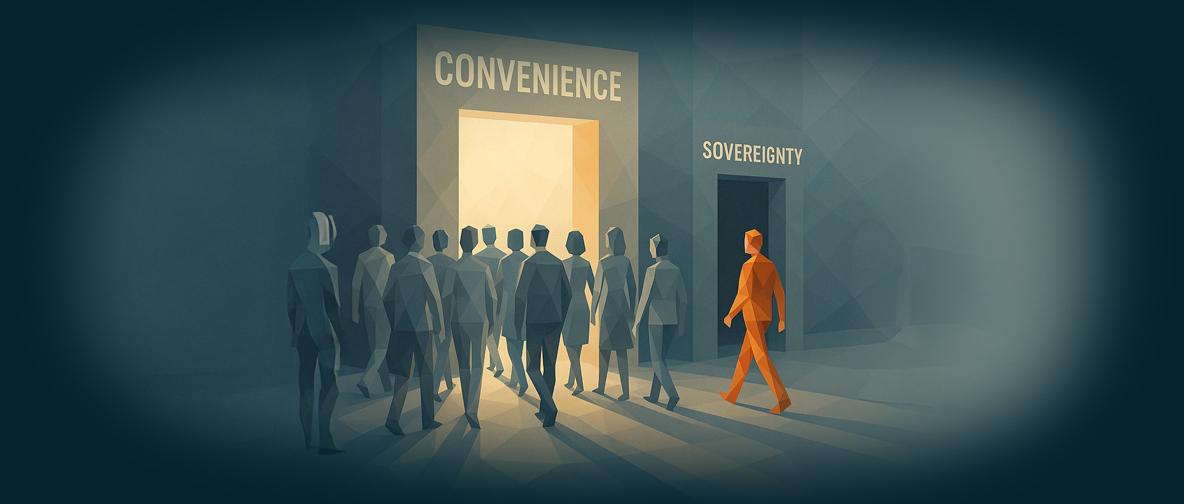 Low-Poly-Illustration: Eine Gruppe Menschen geht auf ein helles Tor mit der Aufschrift „Convenience“ zu. Eine einzelne Person wendet sich einem kleineren, dunkleren Tor mit der Aufschrift „Sovereignty“ zu.