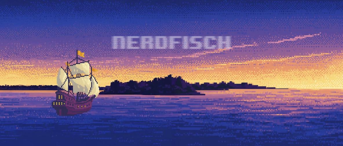 Segelschiff im Sonnenuntergang auf dem Meer mit dem Wort "NERDFISCH" im Himmel, Pixel Art Style.