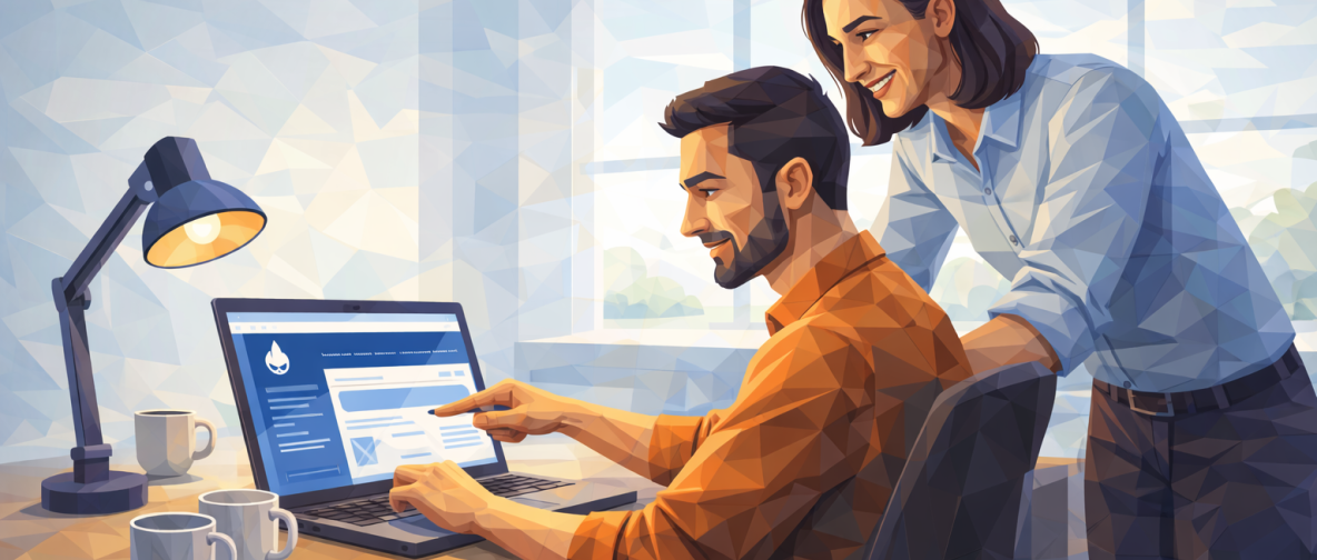 Zwei Personen betrachten gemeinsam ein geöffnetes Drupal-System am Laptop und besprechen Funktionen und Struktur im Rahmen eines kostenfreien Schulterblicks.