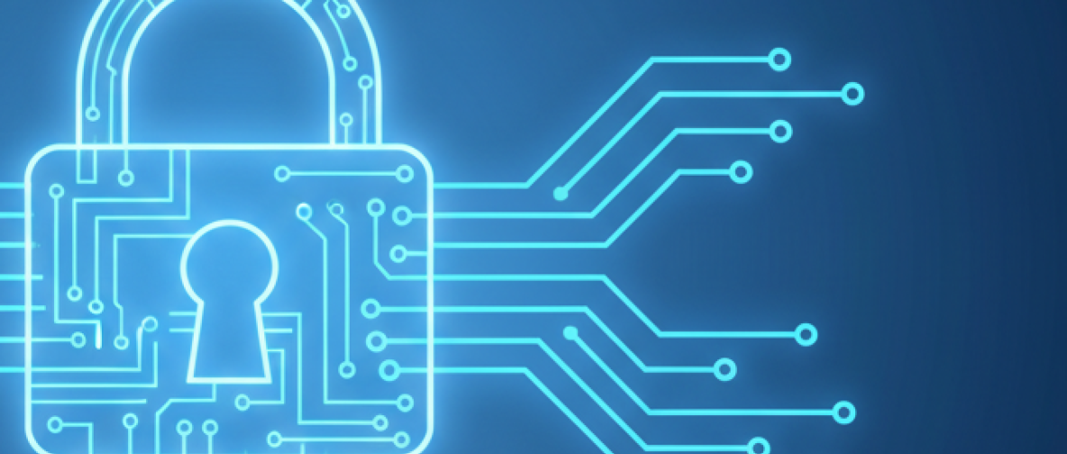 Ein digitales Schloss mit platinenartigen Schaltkreisen, symbolisch für Cyber Security.