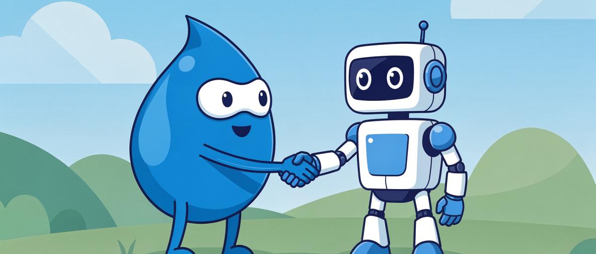 Ein Druplicon Maskottchen (Tropfen) und ein Roboter schütteln sich die Hand.