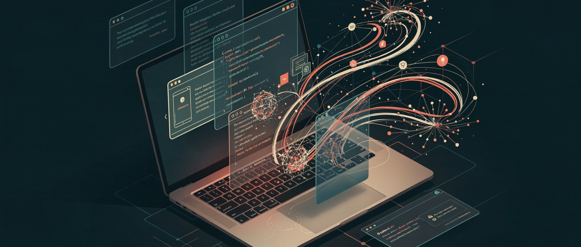 AI und Vibe Coding: Abstrakte Darstellung eines Laptops mit schwebenden Programmierfenstern und magischen Schleiern.