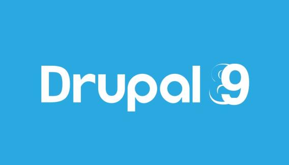Schriftzug Drupal mit einer schwachen Zahl Acht, die in die Zahl Neun übergeht