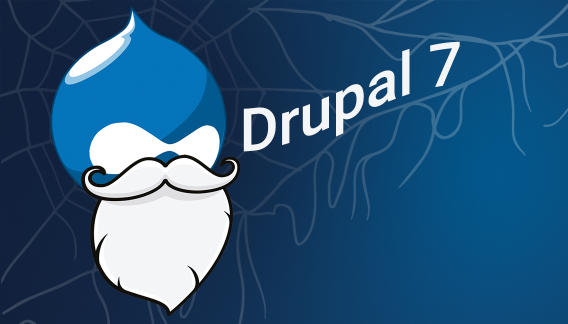Bärtiges Druplicon mit D7 Schriftzug vor einem Spinnwebenhintergrund