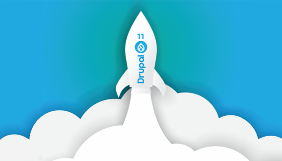 Rakete mit Drupal 11 Logo startet in den Himmel