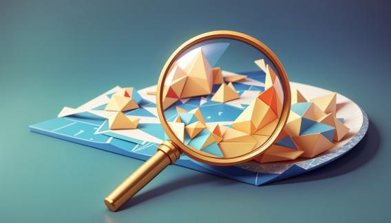 Eine Lupe vergrößert ein abstraktes Low-Poly Modell, welches für eine Weblandschaft steht