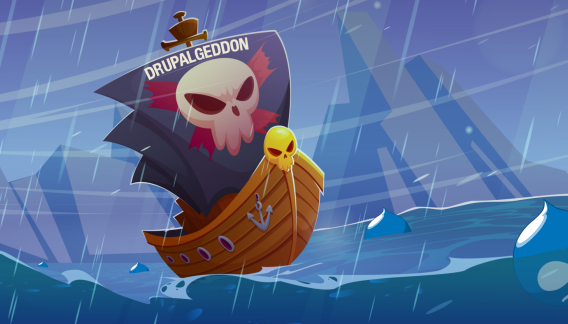 Illustration eines Schiffs mit einem Totenkopf-Segel, das symbolisch für die Drupalgeddon-Sicherheitslücke steht, umgeben von gefährlichen Wellen und dem Drupal-Logo.