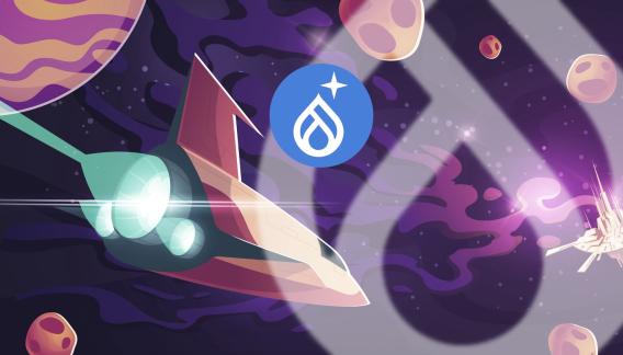Illustration im Low Poly Stil: Ein futuristisches Raumschiff im Weltraum, begleitet vom Drupal-Logo, mit einer Weltraumstation im Hintergrund. Symbolisiert die Einführung von Drupal CMS und den Aufbruch in eine neue Ära des Content-Managements.