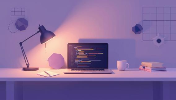 llustration eines aufgeräumten Schreibtischs mit Laptop, Lampe, Notizbuch und Kaffeetasse – auf dem Bildschirm ist farbiger Code zu sehen. Die Szene symbolisiert konzentrierte Entwicklerarbeit im Open-Source-Kontext.