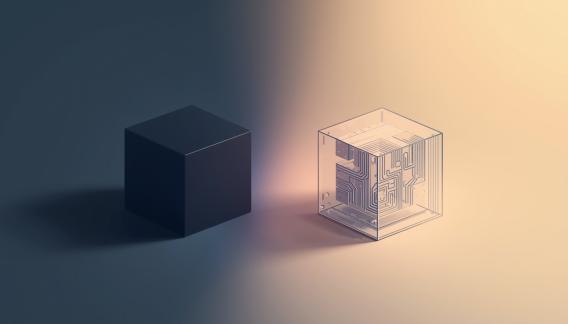 Zwei nebeneinanderstehende Würfel symbolisieren digitale Systeme: links eine dunkle, geschlossene Box als Sinnbild für Intransparenz; rechts eine transparente Box mit sichtbaren Schaltstrukturen, die Offenheit und Kontrolle verkörpert. Ein weiches Licht fließt von der dunklen in die helle Seite und steht für den Übergang zu nachvollziehbarer Technologie.