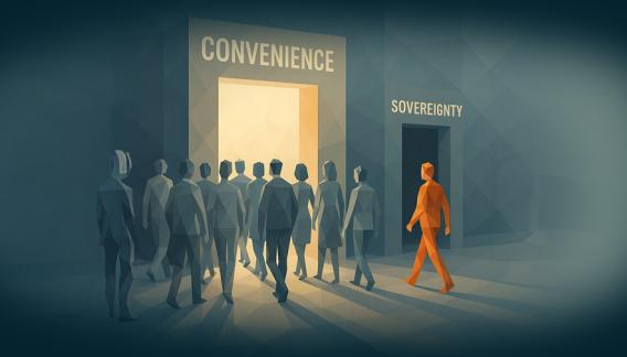 Low-Poly-Illustration: Eine Gruppe Menschen geht auf ein helles Tor mit der Aufschrift „Convenience“ zu. Eine einzelne Person wendet sich einem kleineren, dunkleren Tor mit der Aufschrift „Sovereignty“ zu.