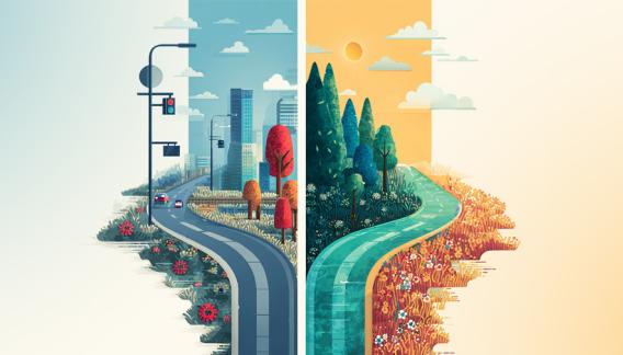 HeroImage - Illustration zweier Wege: links eine Stadtstraße mit Autos und Ampeln, rechts ein ruhiger Naturpfad unter Sonne – sinnbildlich für unterschiedliche Wege der Drupal-Wartung.