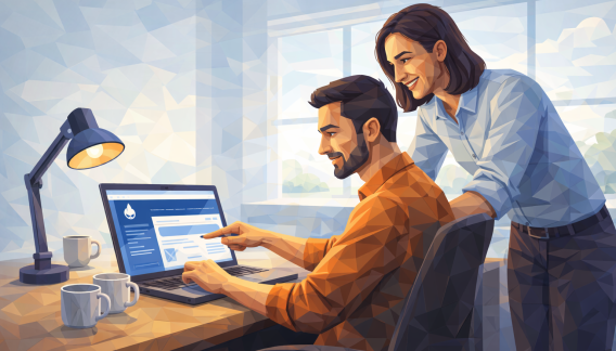 Zwei Personen betrachten gemeinsam ein geöffnetes Drupal-System am Laptop und besprechen Funktionen und Struktur im Rahmen eines kostenfreien Schulterblicks.