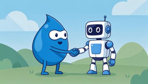 Ein Druplicon Maskottchen (Tropfen) und ein Roboter schütteln sich die Hand.