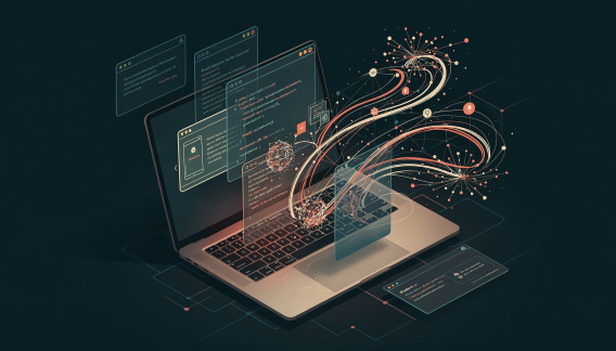 AI und Vibe Coding: Abstrakte Darstellung eines Laptops mit schwebenden Programmierfenstern und magischen Schleiern.