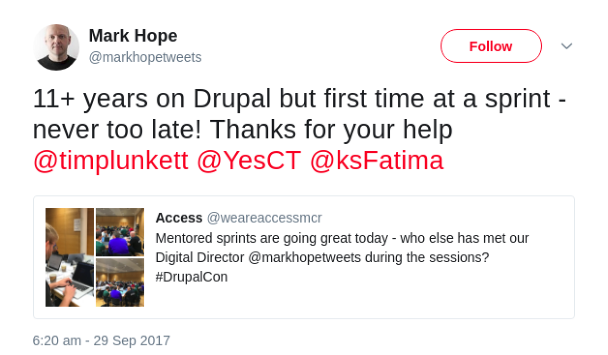 Mark Hope Tweet - 11 years on drupal