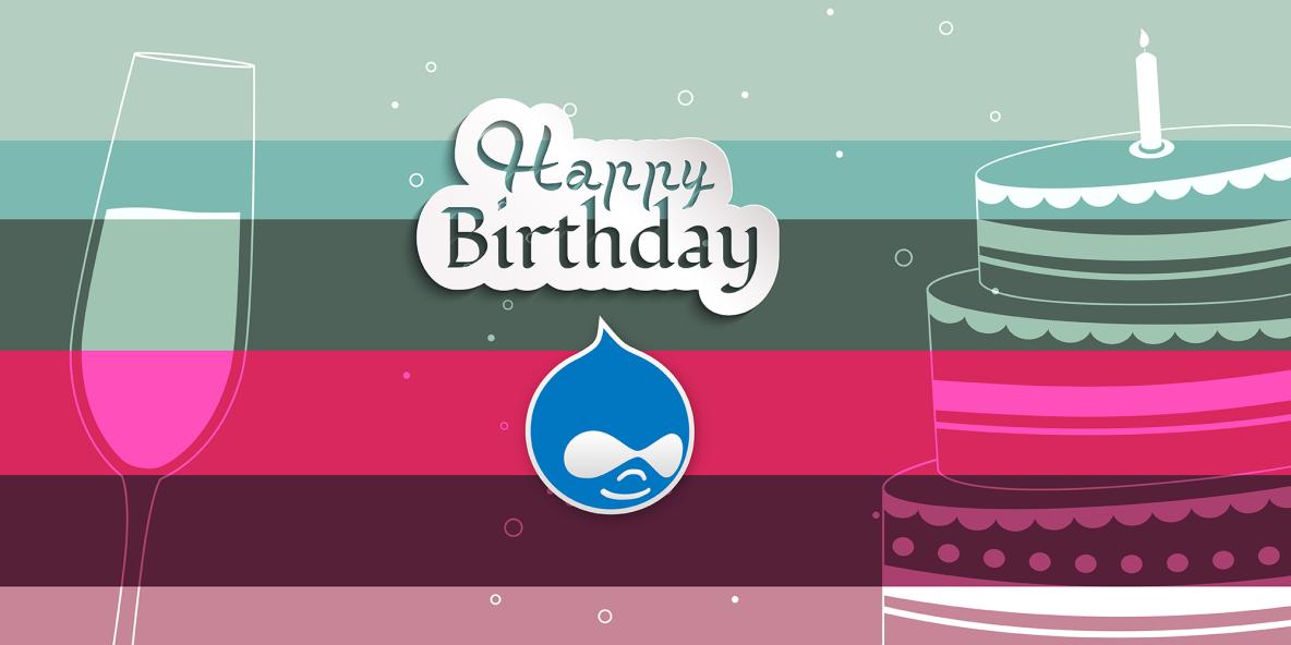 Druplicon and "Happy Birthday" on colourful background