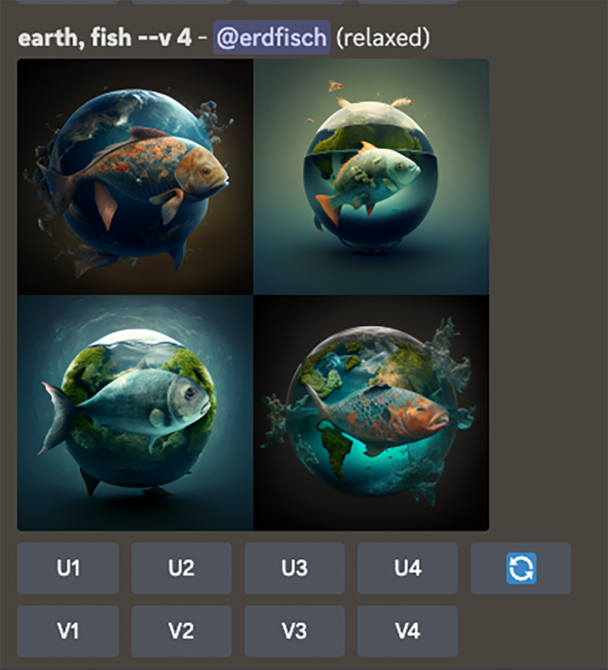 Screenshot aus der Midjourney App, zum Prompt "Earth, Fish"
