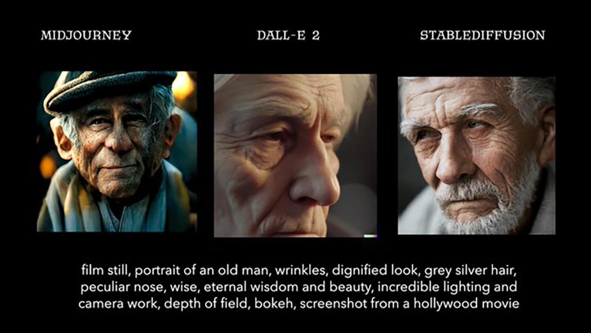Three images, from Midjourney AI, DALL-E 2, Stable Diffusion, showing head of an old man