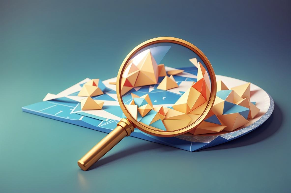 Eine Lupe vergrößert ein abstraktes Low-Poly Modell, welches für eine Weblandschaft steht