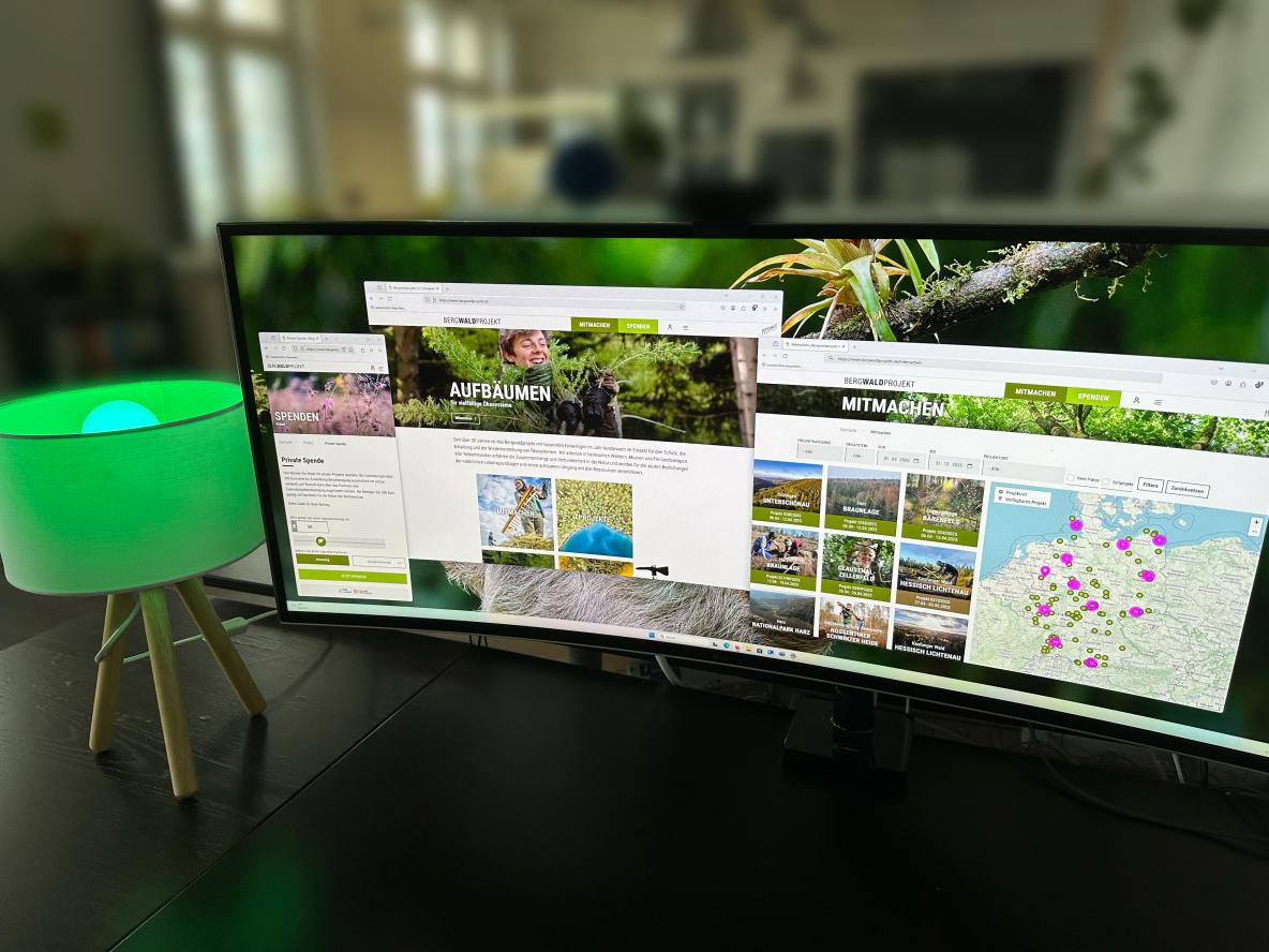 Startseite der neuen Bergwaldprojekt-Website mit zielgruppenspezifischer Nutzerführung, großflächigen Naturfotos und naturverbundenem Design.
