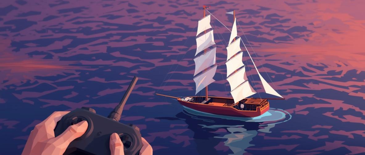 Segelschiff auf dem Wasser, im Vordergrund halten Hände eine Fernsteuerung