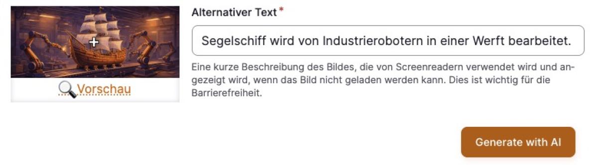 Screenshot aus dem Drupal Backend. KI generiert den Alt-Text für ein Bild automatisch.